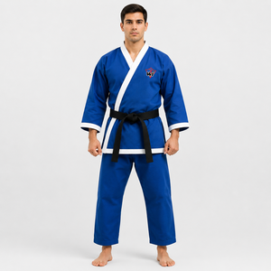 Kimono de karaté bleu avec bordure blanche pour homme adulte, uniforme d'arts martiaux en coton épais avec ceinture noire, tenue d'entraînement durable - Product Image 1