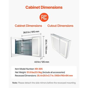 Armadietto a Specchio LED Illuminato 36 X 30 da Incasso a Parete con 3 Colori Dimmerabili e Funzioni HD per Bagno - Product Image 2