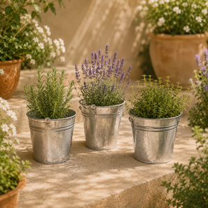Juego de Tres Cubos de Metal Galvanizado con Patrón en Relieve y Asas de Cuerda para Jardín, Estilo Rústico - Product Image 5