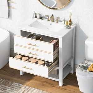 Modern 30-Inch Navy Blue/White Bathroom Vanity Combo with <b>Open</b> <b>Storage</b> & Two Drawers - Product Image 2