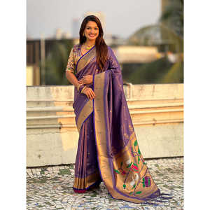 Sari en tissu violet Paithani Zari tissé, vêtements indiens et pakistanais - Product Image 1