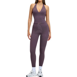 Women's Solid Front Logo Yoga Two-Piece Stretch Set Comfortable Sports <b>Top</b> & <b>Leggings</b> for Gym Training Home Workouts - Product Image 4