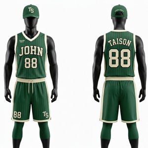 Ensemble de maillot et short de basket-ball pour hommes de qualité supérieure, en maille polyester 180 GSM, vert crème à rayures fines, avec numéros d'équipe personnalisés imprimés - Product Image 1