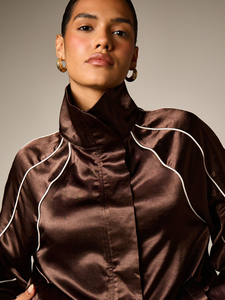 Silk Satin <b>Jacket</b> Funnel Neck Zip Piping Trim Raglan Sleeve Oversized Chocolate Brown Womens Wholesale - Product Image 5
