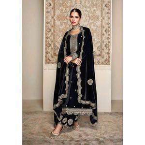 FANCY VELVET EMBROIDERY <b>LACE</b> WORK <b>TOP</b> PALAZZO WITH DUPATTA <b>BLACK</b> - Product Image 1