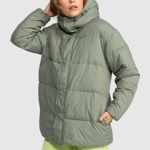 Women's Olive Green Quilted Hooded Puffer Jacket Full Sleeve <b>Winter</b> <b>Coat</b> <b>Thick</b> Polyester Wadding Zipper Closure - Product Image 1