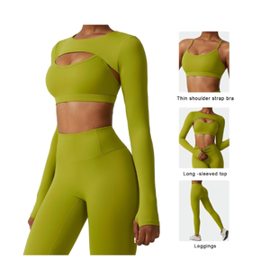 Conjunto de yoga de 2 piezas de secado rápido con logo personalizado de fábrica, top deportivo de manga larga con espalda cruzada y leggings de yoga ajustados con efecto levantacola. - Product Image 2