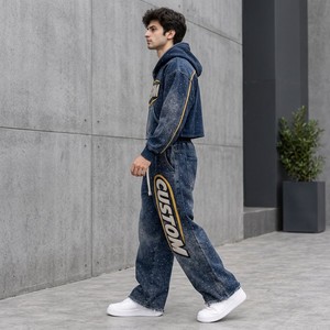 Conjunto Deportivo Personalizado al por Mayor para Hombre, Estilo Acid Wash, 480GSM, Sudadera con Pedrería y Chenilla, Pantalones Deportivos de Pierna Ancha, Ropa Urbana - Product Image 6