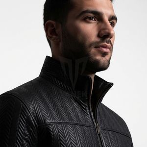 Veste de motard Vanek International 2026 NOUVEAUTÉ pour homme en cuir véritable noir, col montant, fermeture éclair, coupe ajustée, motif géométrique - Product Image 5