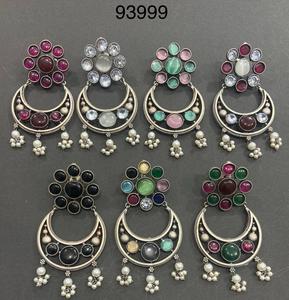 OM Fashion Studio Oxidized German <b>Silver</b> <b>Jhumka</b> Earrings White Boho Jewelry Lightweight AD Stone Indian Ethnic Traditional - Product Image 2