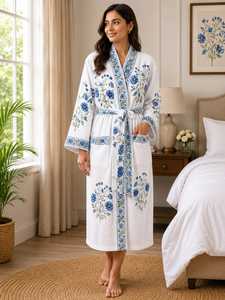 Floral Cotton <b>Waffle</b> Kimono <b>Bathrobe</b> Women Vintage Summer Drawstring Long Sleeve Casual Leisure Loungewear - Product Image 1