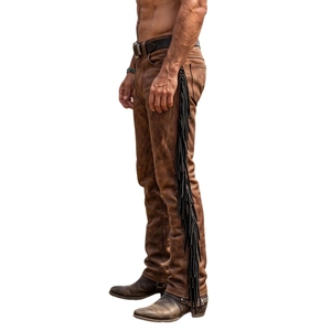 Pantalones de Cuero Marrón para Hombre, con Flecos Negros, Estilo Vaquero Occidental, Hechos a Mano y Personalizados - Product Image 4
