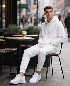 Ensemble survêtement homme blanc à capuche et pantalon, couleur unie, décontracté, manches longues, 100% coton respirant, coupe classique - Product Image 3