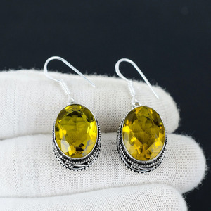 Vintage Oval Cut Lemon Topaz Drop <b>Earrings</b> Antique Silver Plated Women's Jewelry - Product Image 5