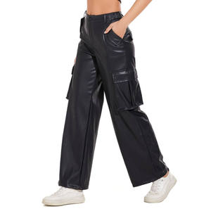 Pantalones Rectos de PU de Cintura Alta para Mujer, Corte Regular, Largos, con Bolsillos Utilitarios, Frente Plano, Cierre de Botones, Color Sólido, Estilo Urbano, Invierno - Product Image 3