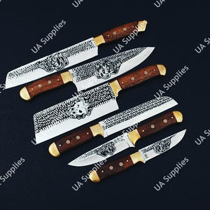 Ensemble de 6 couteaux de chef de cuisine en acier inoxydable gravé à la main avec manche en bois et laiton, personnalisable OEM, cadeau idéal - Product Image 2