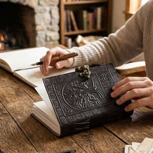 Carnet de notes en cuir véritable en relief arbre de vie noir avec fermeture à verrouillage voyage, affaires, meilleure utilisation pour l'écriture, Skteching - Product Image 1