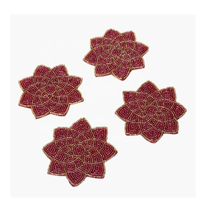 Flower Design Glass <b>Beads</b> <b>Coaster</b> Set of 4 Hand Embroidery Tea Coffee Mug <b>Coaster</b> Dining Table Use Home Festive Occasion <b>Coaster</b> - Product Image 3