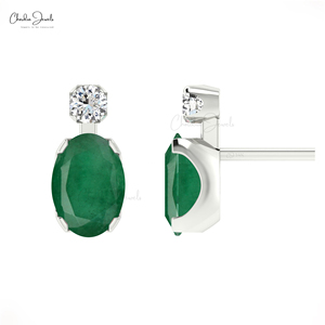 Produits Tendances : Boucles d'oreilles clous 7x5mm en émeraude zambienne et diamant, en or massif 14 carats, avec fermoir poussoir – Fournisseur en gros - Product Image 3
