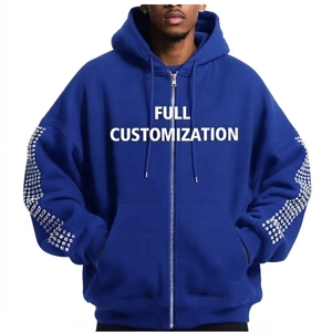 Sweat-shirt polaire zippé à capuche pour homme, coupe oversize, avec manches ornées de strass, couleur unie, logo frontal, idéal pour l'automne - Product Image 1
