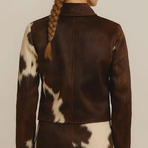 Chaqueta de Cuero Vacuno Marrón con Estampado Animal, Cuello Camisero, Cierre de Cremallera, Corte Ajustado, Corta, Informal, Unisex, para Invierno - Product Image 3