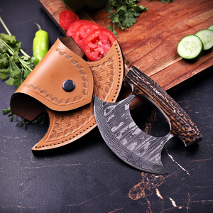 Cuchillo de Cocina Artesanal DIY de Acero de Damasco Ulu para Pizza, Cuchillo Oscilante, Picador de Hierbas, Mango de Cuerno, Funda de Cuero, Cuchillo de Chef OEM - Product Image 1