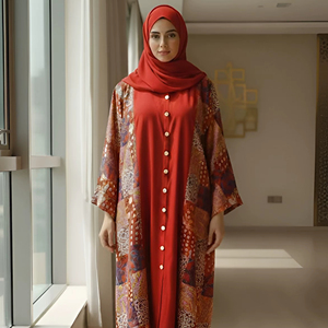 Abaya en coton ample à manches longues, col rond, coupe évasée, respirante, pour soirée décontractée, motif imprimé, vente en gros - Product Image 1