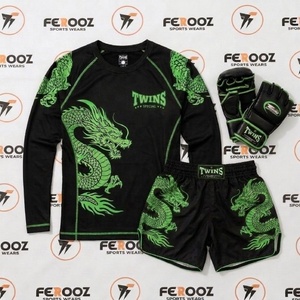 Kickboxing Muay Thai <b>Black</b>&Gray Color Outfit MMA Training Sportswear Set Dragon Pattern Rash Guard Fight <b>Shorts</b> Boxing Gloves - Product Image 3