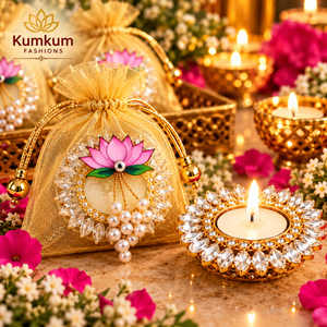 Bolsa de Regalo Lotus Potli con Portavelas de Perlas, Hecha a Mano en India, para Bodas, Diwali, Fiestas, Recuerdos, Decoración del Hogar - Product Image 1