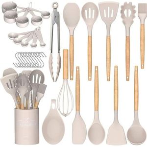 Ensemble d'ustensiles de cuisine Chef 33 pièces en silicone antiadhésif avec spatules à manche en bois et support - Product Image 1
