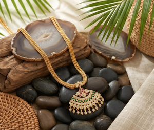 Divyoro Classic <b>Copper</b> Navratri Short Fan Pendant Necklace Yellow Gold Plated Cubic Zirconia Stones Adjustable Length Women - Product Image 4