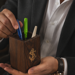 Handmade Indian Rosewood Pen Holder | Brass Anchor Inlay Wooden <b>Desk</b> Organizer | Luxury Office Table Pen Stand Gift Decor - Product Image 4