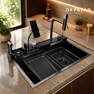Évier de cuisine rectangulaire Daystar Trade en acier inoxydable 304, à montage sous plan, surface brossée, fait main, avec robinet à quatre trous - Product Image 1