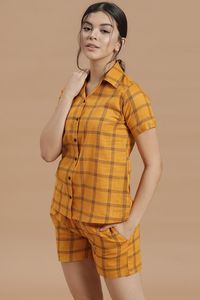 Conjunto de camisa y pantalones cortos a cuadros para mujer, con cierre de botones, algodón transpirable, corte casual regular, cintura media - Product Image 1