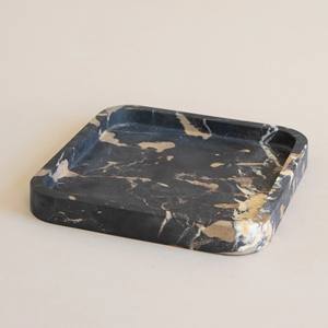 Plateau de service carré en marbre noir et or, pierre naturelle, décoration de luxe pour la maison, résistant au feu, revêtement mural de cuisine - Product Image 1