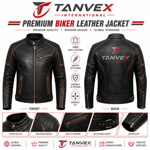 Blouson Bomber en Cuir pour Homme TANVEX INTERNATIONAL – Hiver, Noir et Rouge, Col Montant, Style Moto Biker, Fermeture Éclair, Durable et Coupe Ajustée - Product Image 2