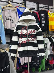 Custom Black White Striped <b>Zip</b> Up Hoodie Oversized Streetwear 3D Puff Print Cotton Fleece Full <b>Zip</b> <b>Hooded</b> Jacket - Product Image 1