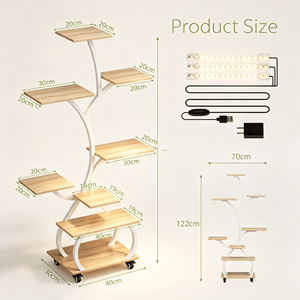 Espositore per Piante a 8 Livelli a Forma di Albero con Luce di Crescita a Spettro Completo, Struttura in Metallo Bianco, Ruote Bloccabili, Ripiano in Legno - Product Image 2
