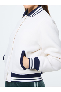 <b>Women</b> Varsity <b>Jacket</b> White <b>Navy</b> Contrast Trim Full Sleeve Turn-down Collar Single Breasted Woven Polyester Autumn Wear - Product Image 5