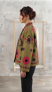 Veste en coton brodée Suzani vert olive pour femme, faite à la main, respirante, en tissu TNT, motif floral rose, style bohème ethnique, vente en gros, mode - Product Image 4