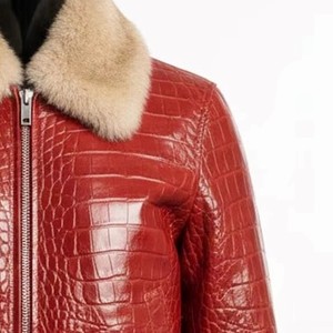 Chaqueta de Cuero Roja para Hombre, Estilo Bomber, con Cuello de Piel con Estampado de Cocodrilo, Cierre Frontal con Cremallera, Resistente al Viento, Estilo Motero para Invierno - Product Image 1