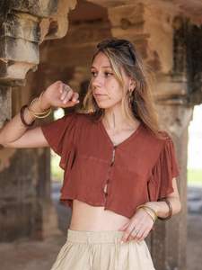 Blusa de Algodón para Mujer, Estilo Boho, Manga Corta, Cierre de Botones, Corte Regular, para Oficina, Sin Tejido, ODM - Product Image 5