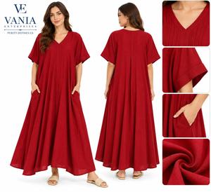 Robe longue décontractée d'été à col en V, unie, avec volants, tissée, lavable, respirante, taille naturelle, imprimé numérique, coupe oversize, ourlet long, tailles S-5XL - Product Image 3