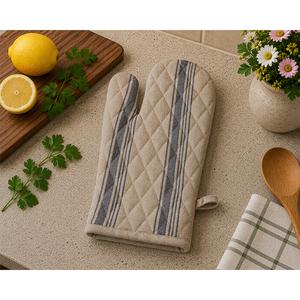 Premium Linen Quilted Oven <b>Mitten</b> with Classic Stripe Design – Heat Resistant Kitchen <b>Glove</b> for Cooking & Baking - Product Image 1