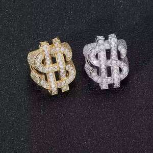 Unisex Dollar <b>Sign</b> <b>Cocktail</b> Ring 925 Silver 22k Gold Plated Pave Setting Zircon Baguette Cut Cross Luxury Hiphop Style Party - Product Image 1