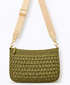 Sac bandoulière bohème en crochet, forme demi-lune, fermeture éclair, sac à main léger tissé pour femme, vert olive - Product Image 1