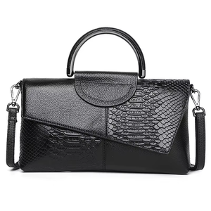 Bolso de Mano de Cuero Genuino Premium para Mujer, Elegante Bolso Negro Texturizado con Cierre de Cremallera, Asa de Metal Plateado y Correa Cruzada - Product Image 1
