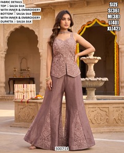 Traje Salwar de seda gris bordado para mujer con pantalones Palazzo y Dupatta, ropa tradicional india y pakistaní para bodas - Product Image 2