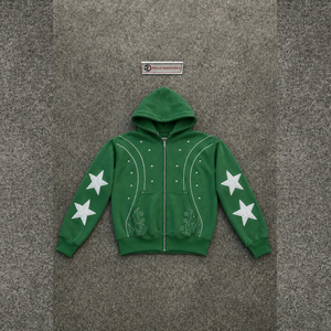 Sweat à capuche zippé oversize vert, style urbain, avec patch étoile, design brodé, coupe régulière, décontracté, pour usage quotidien - Product Image 5
