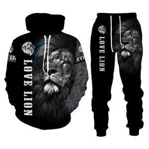 Love Lion 3D Printed Hooded Windproof 100% Polyester Tracksuit Set Unisex Full Sleeve Casual Jogger Pants Black White Drawstring - Product Image 6